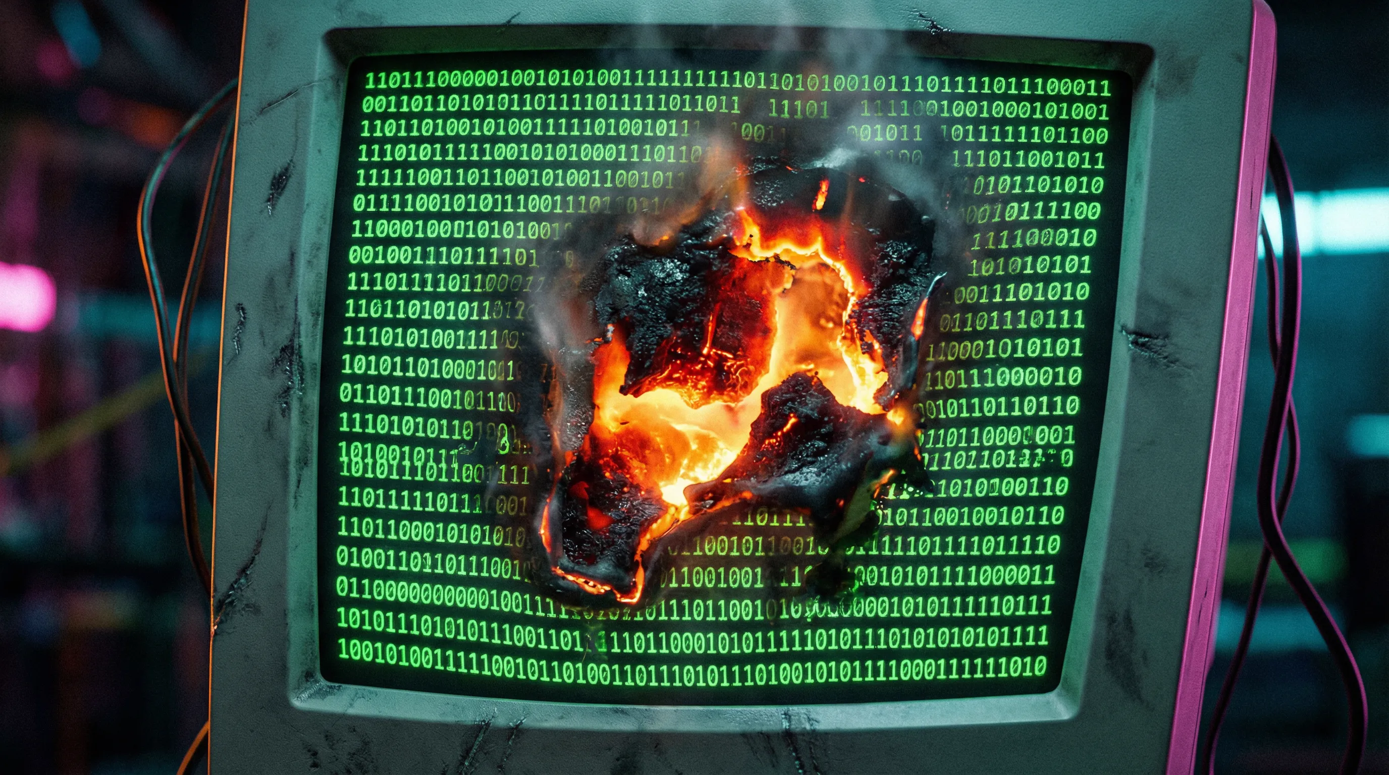 Macro photography of binary code with redacted sections