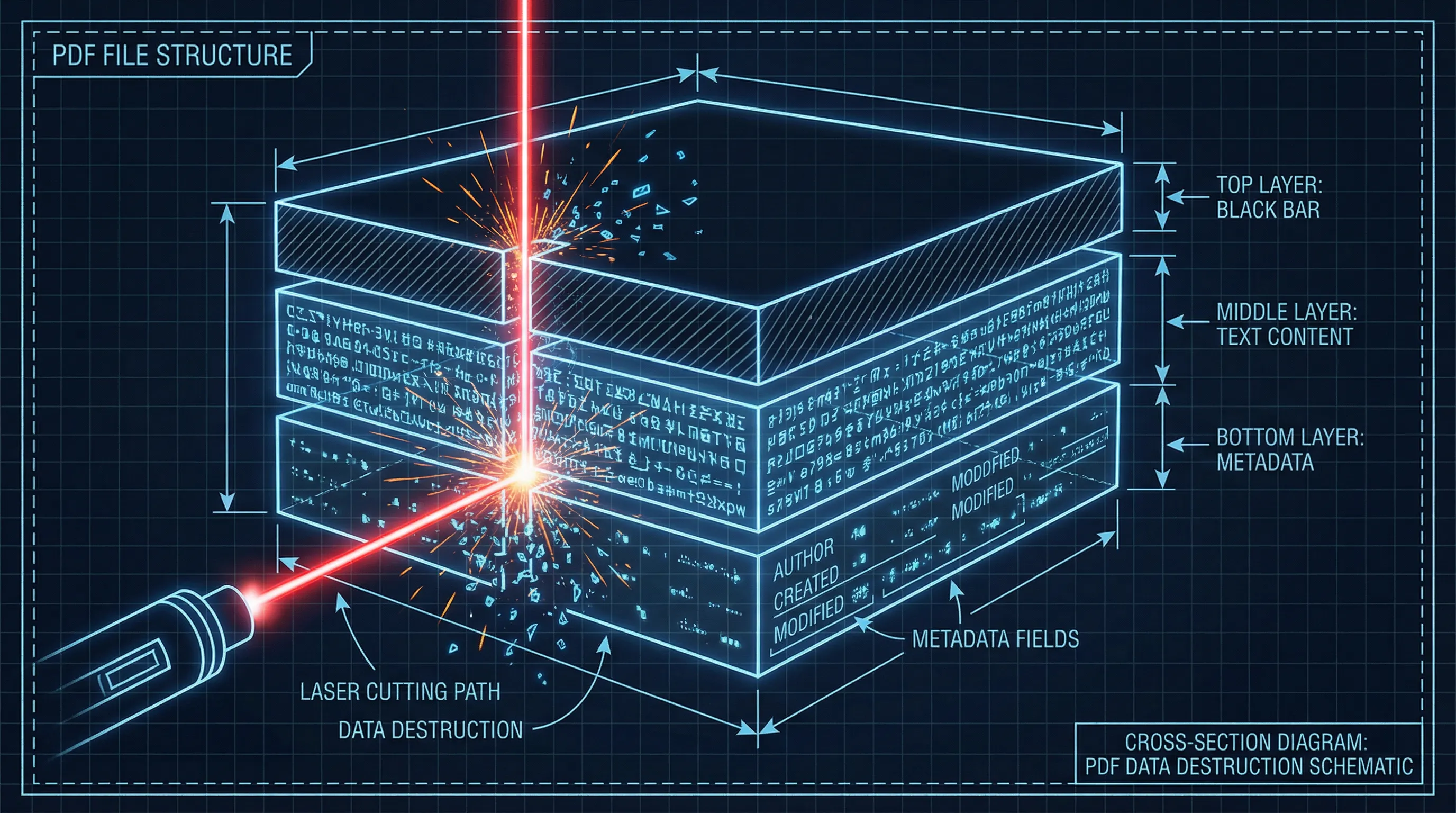 PDF file structure diagram showing destructive editing