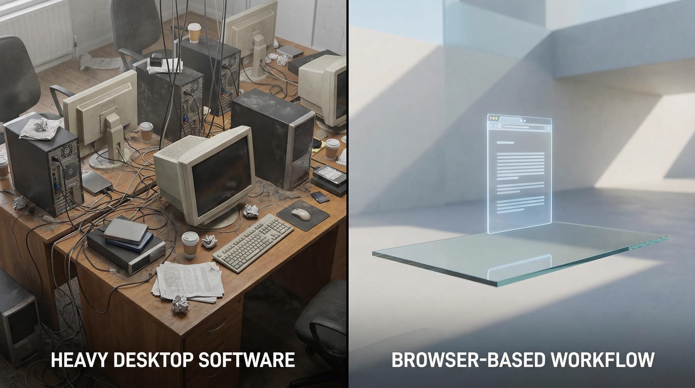 Comparison of cluttered desktop vs minimalist browser workflow