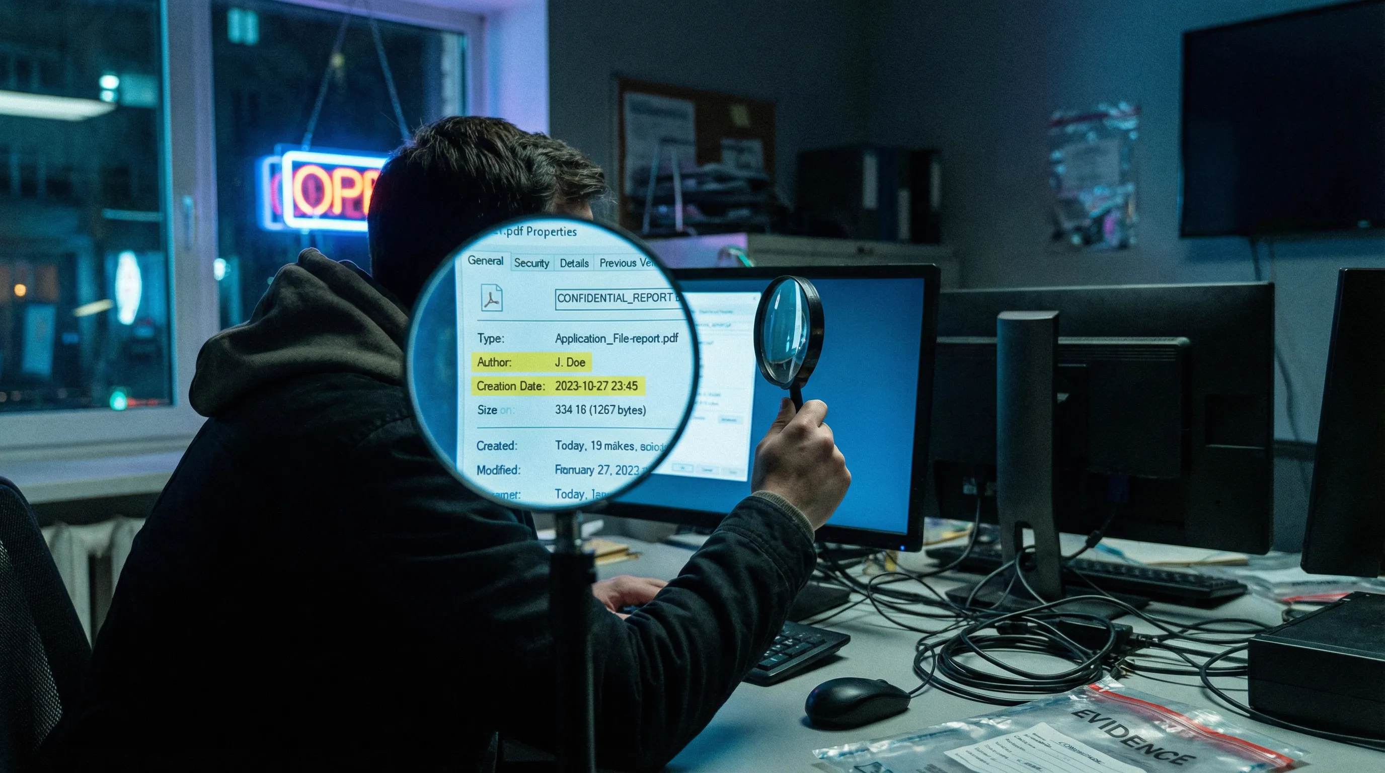 Digital forensic investigator checking PDF metadata