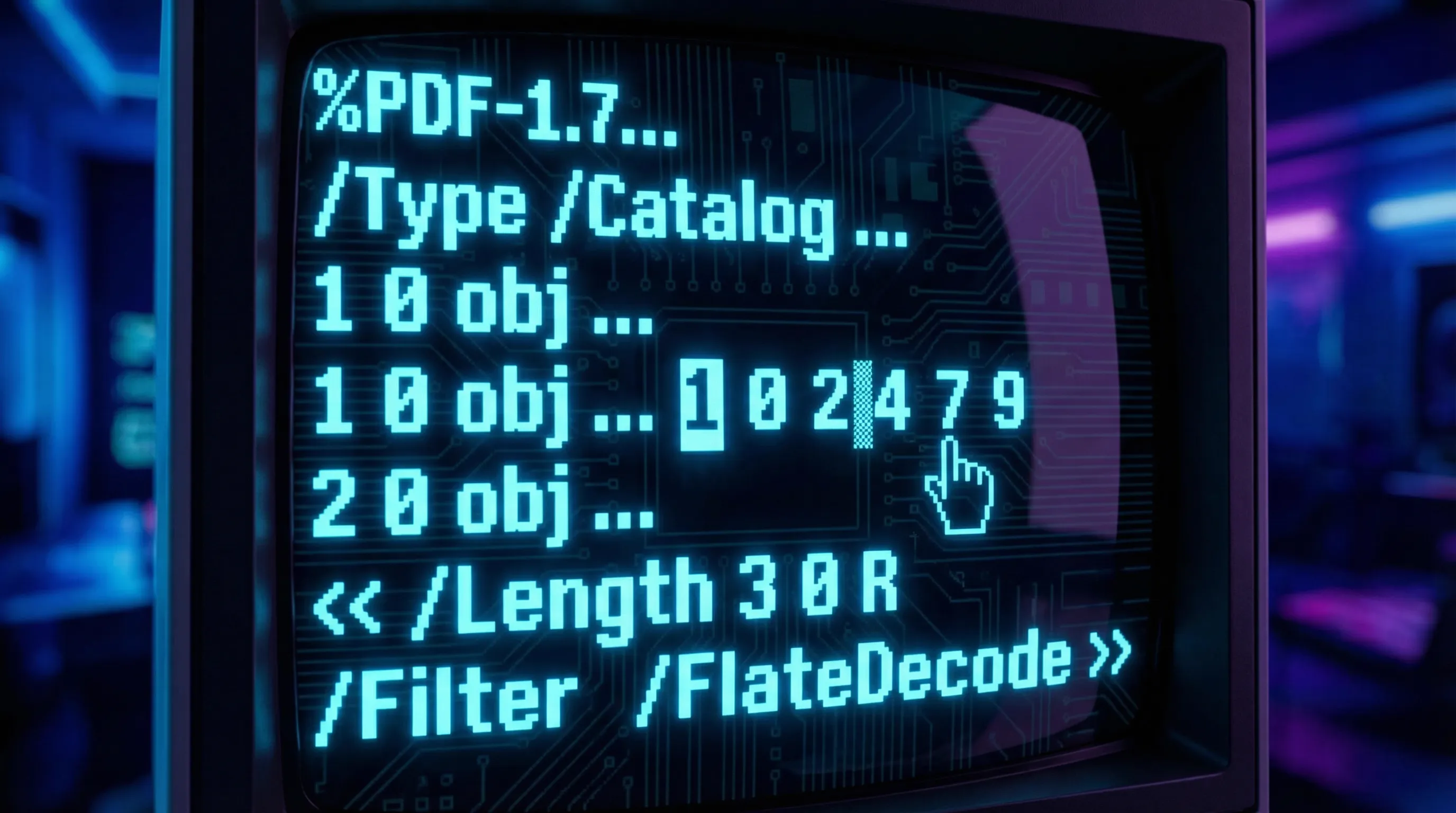 A close-up, macro shot of a computer monitor displaying a PDF document code structure.