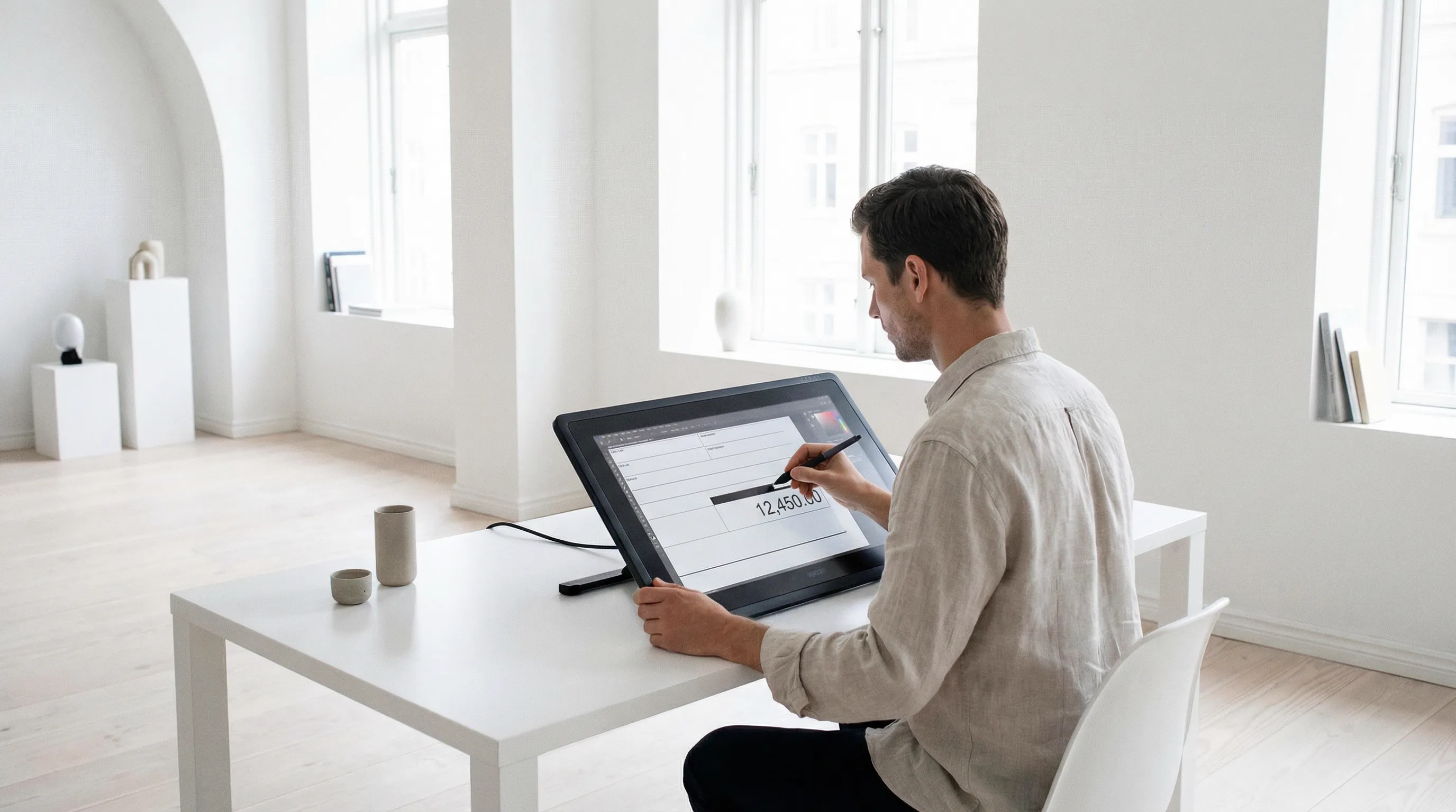 A minimalist, high-key workspace featuring a designer using a stylus on a tablet to edit a digital document.